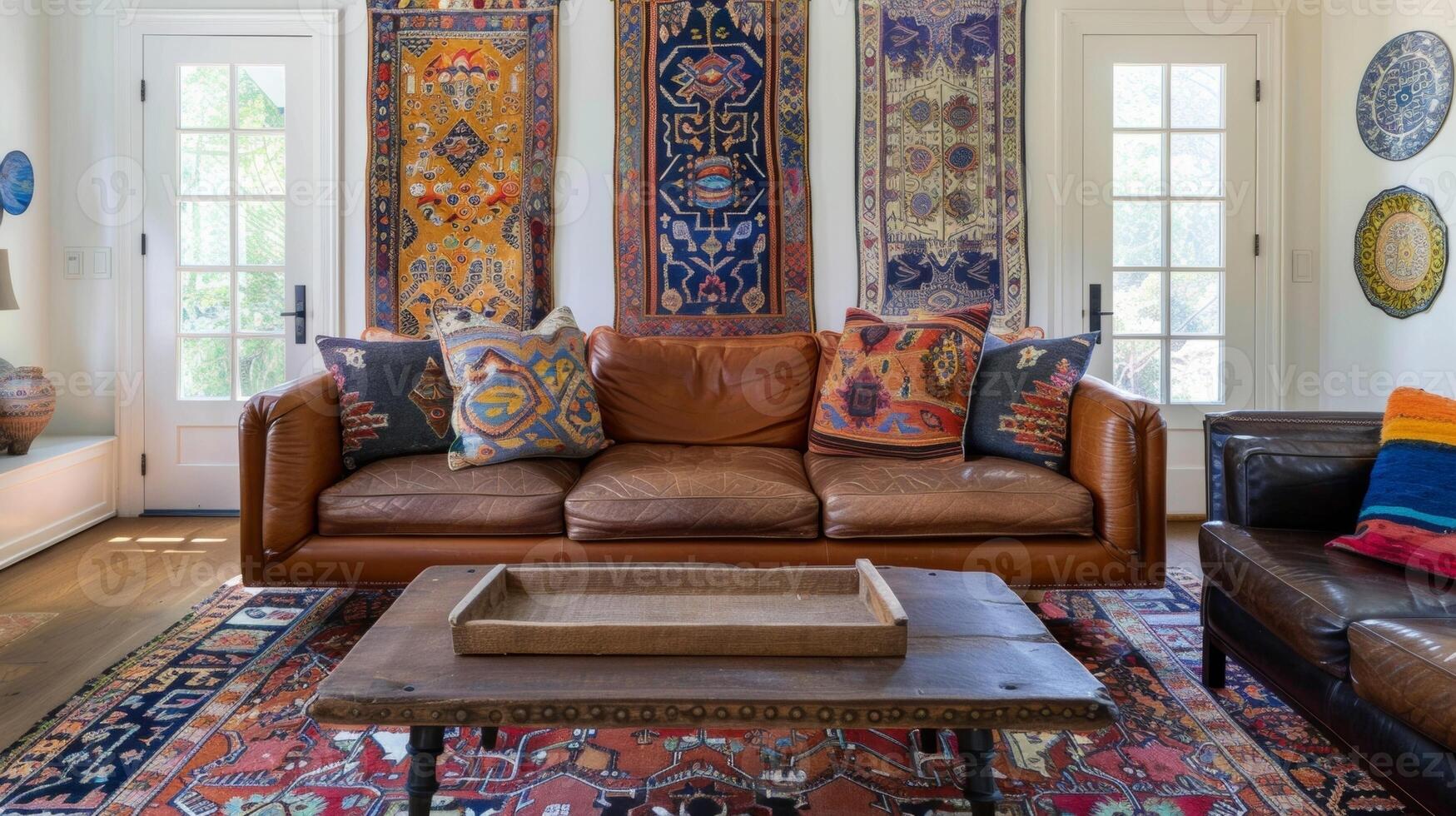 The living room features a beautiful blend of traditional Eastern and modern Western design elements with a large handwoven Persian rug anchoring the space and a sleek leather sofa photo