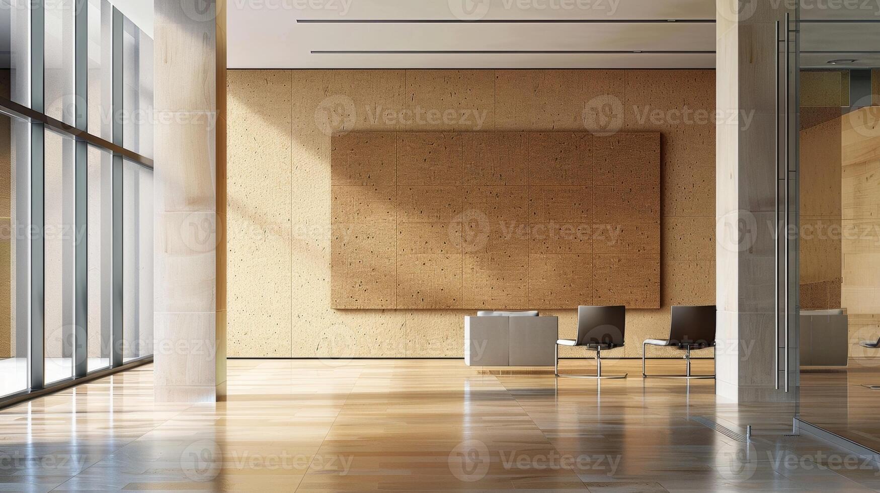 The cork bulletin board hung on the wall was not only functional but also served as an acoustic panel. The surface was covered in layered cork sheets creating a soft and porous texture photo