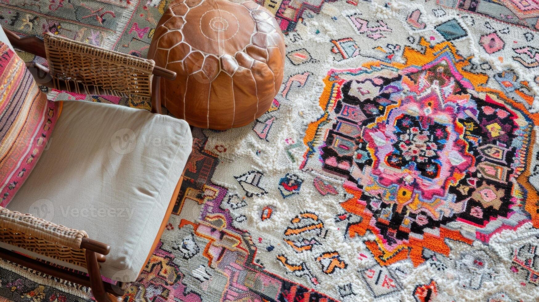 The floor is covered with a stunning handwoven rug featuring a kaleidoscope of colors and patterns. The intricate design resembles that of a Turkish mosaic and the soft texture adds photo