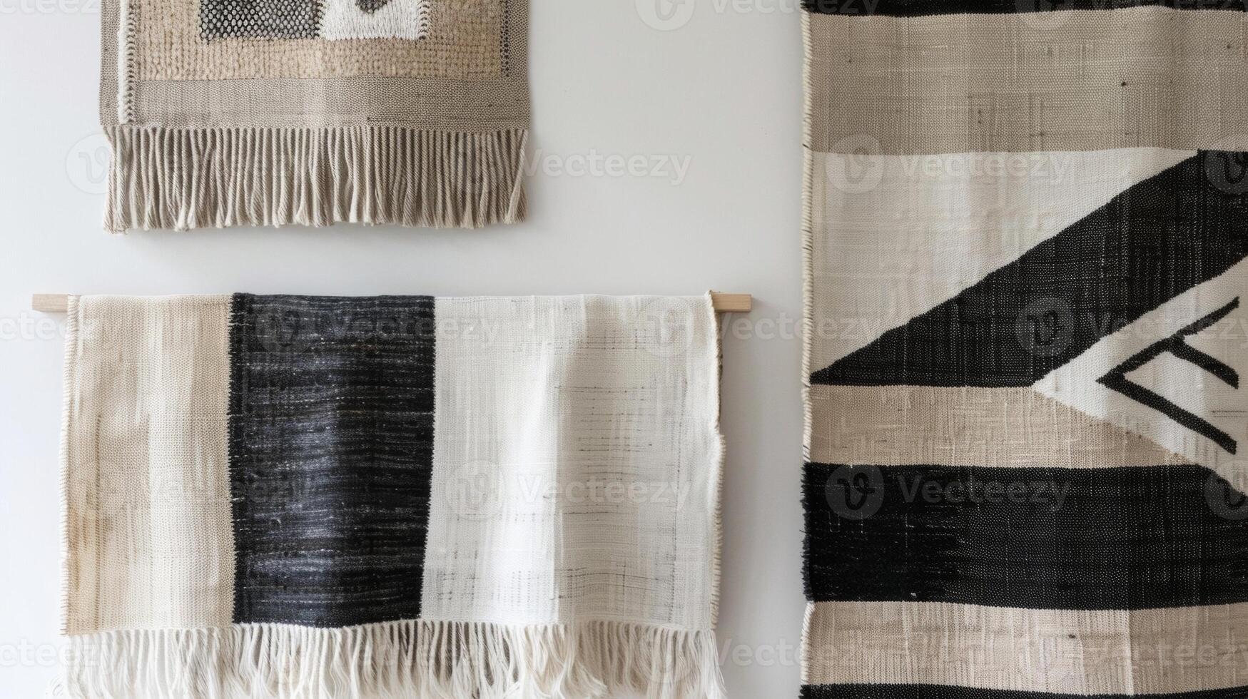 In the second image a trio of smaller woven wall hangings are displayed in a staggered formation. Each piece features a different geometric pattern in shades of black and white creating photo