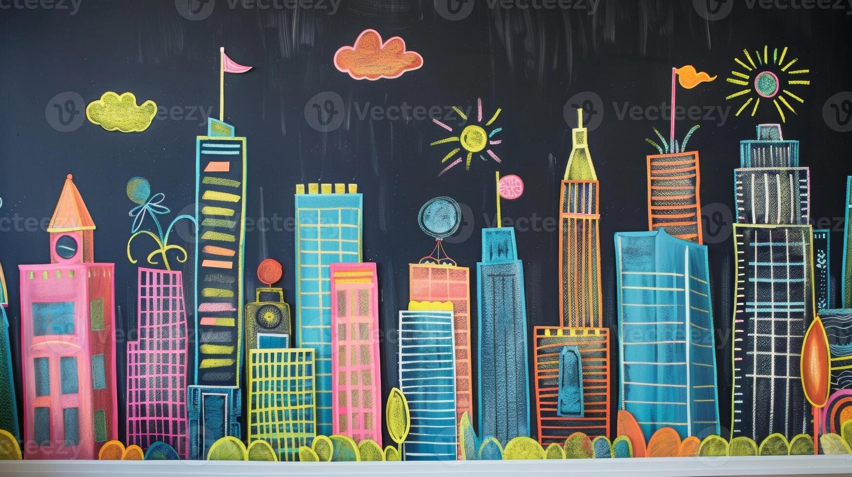 An illustrated cityscape covers one chalkboard wall bringing a touch of whimsy and playfulness to the studio. With each element having its own chalkboard surface the wall can be used photo