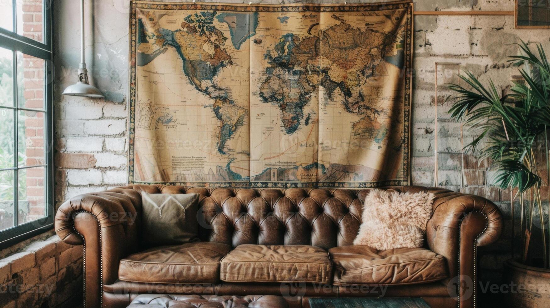 A mapinspired tapestry hangs above a vintage leather sofa featuring a collage of different maps each with its own unique design and color palette. The soft muted tones tie the rooms photo