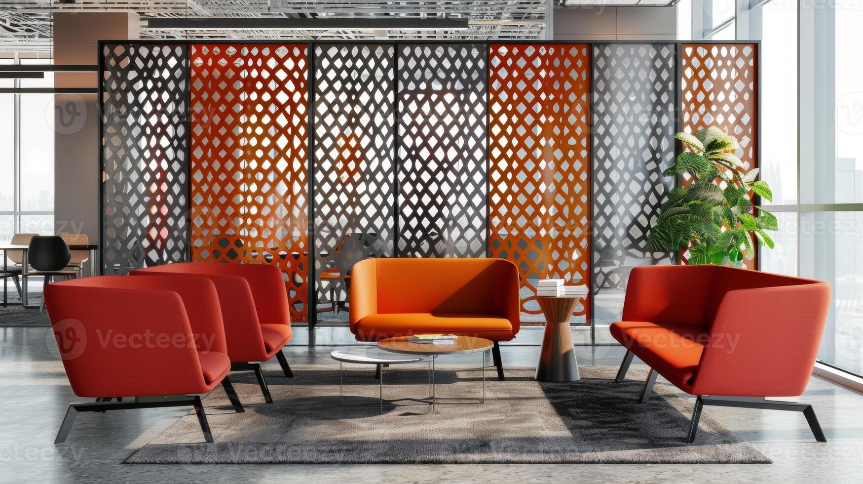 The waiting area of a modern office space is infused with pops of color and texture through the use of perforated metal panels. The geometric patterned screens provide privacy for photo