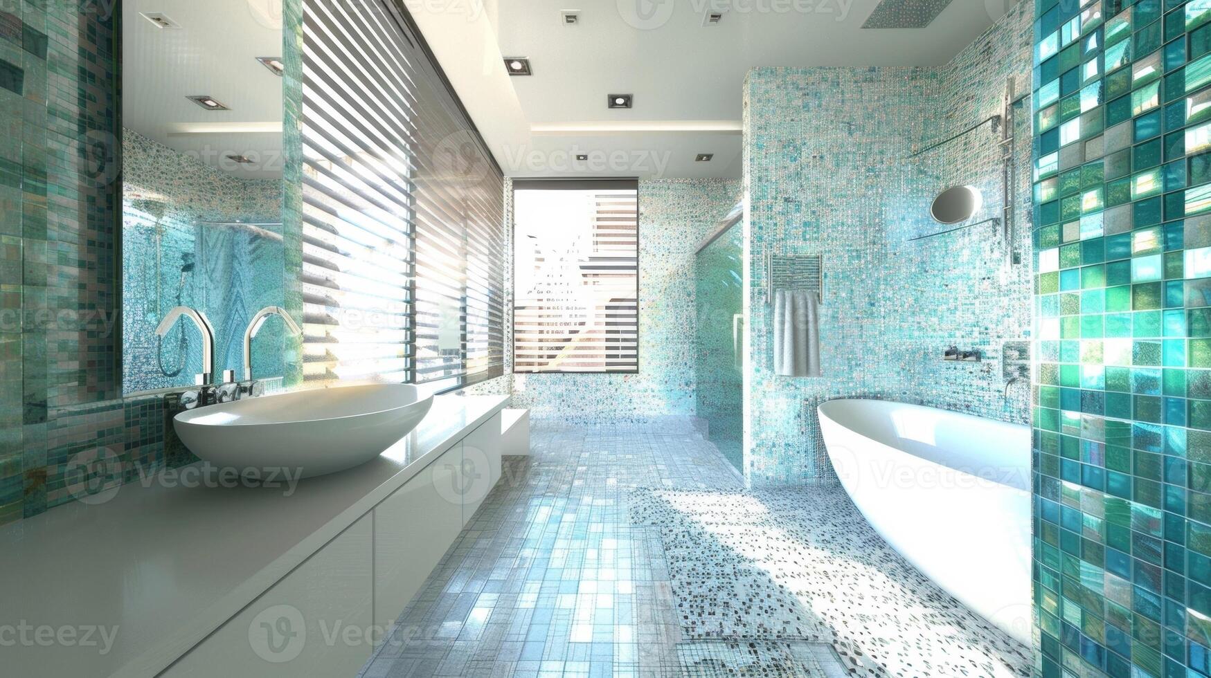 In the bathroom a mosaic pattern of recycled glass tiles lines the walls of the shower creating a beautiful and unique feature that brings an element of ecofriendly design to the space. photo