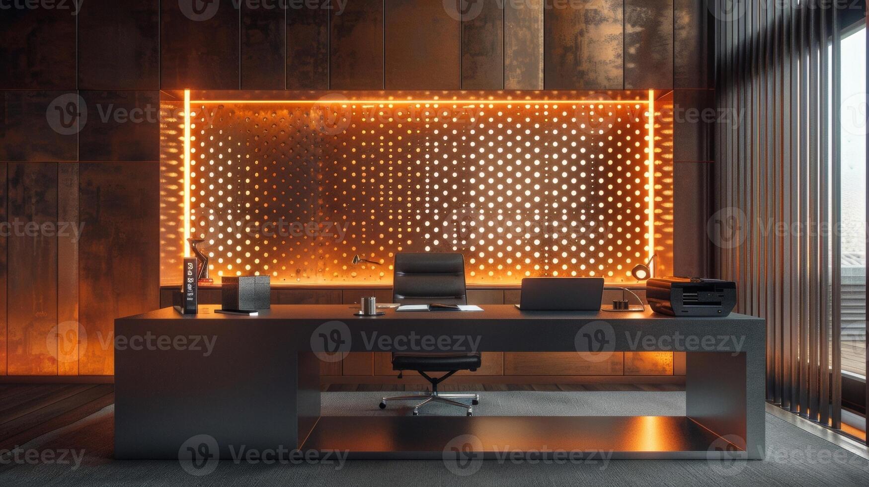 The highlight of a home office is a custommade desk made of perforated metal with strategically p recessed lighting to illuminate the intricate patterns and textures of the metal. photo