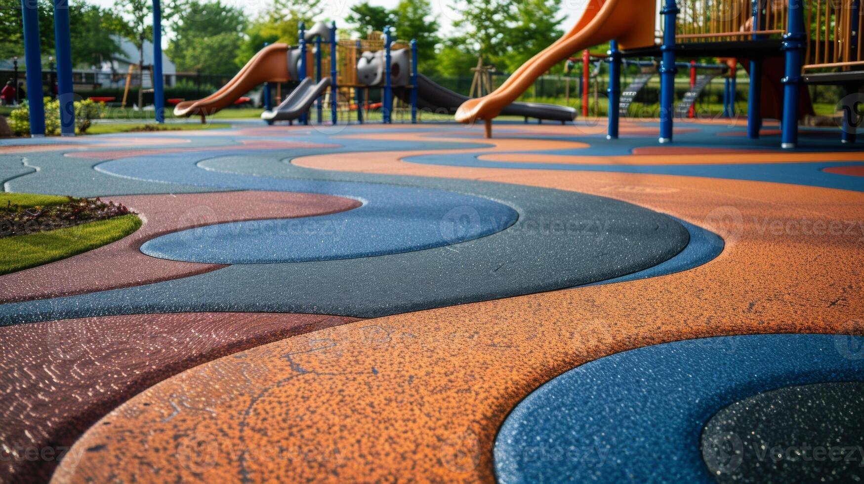 The playgrounds design includes a looped path of textured floor tiles perfect for children who enjoy running or crawling. The different textures ranging from bumpy to smooth provide photo