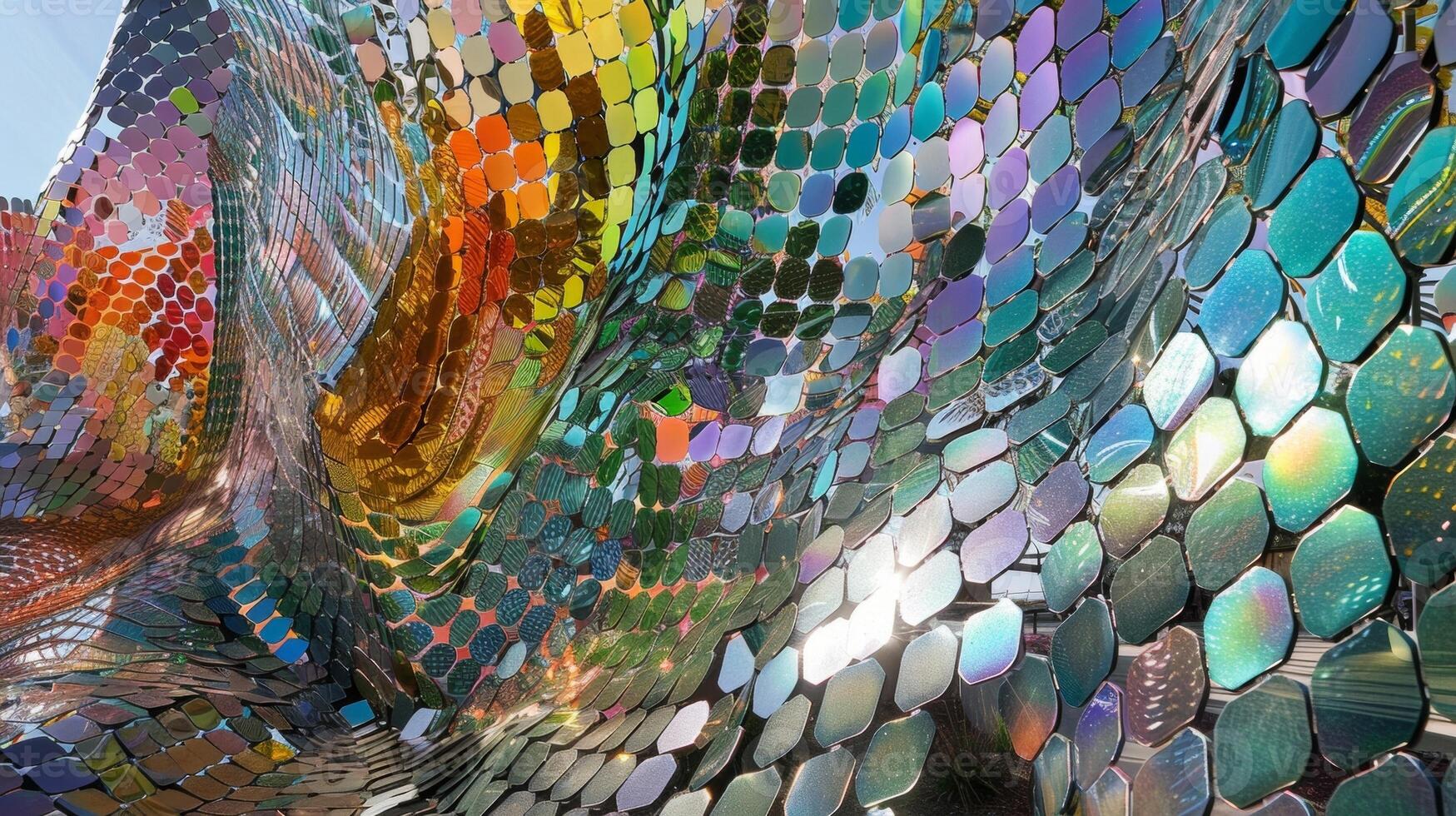 One of the most striking installations in the Green Pavilion is a largescale sculpture made entirely out of kinetic tiles. As visitors admire the intricate design and color changing photo