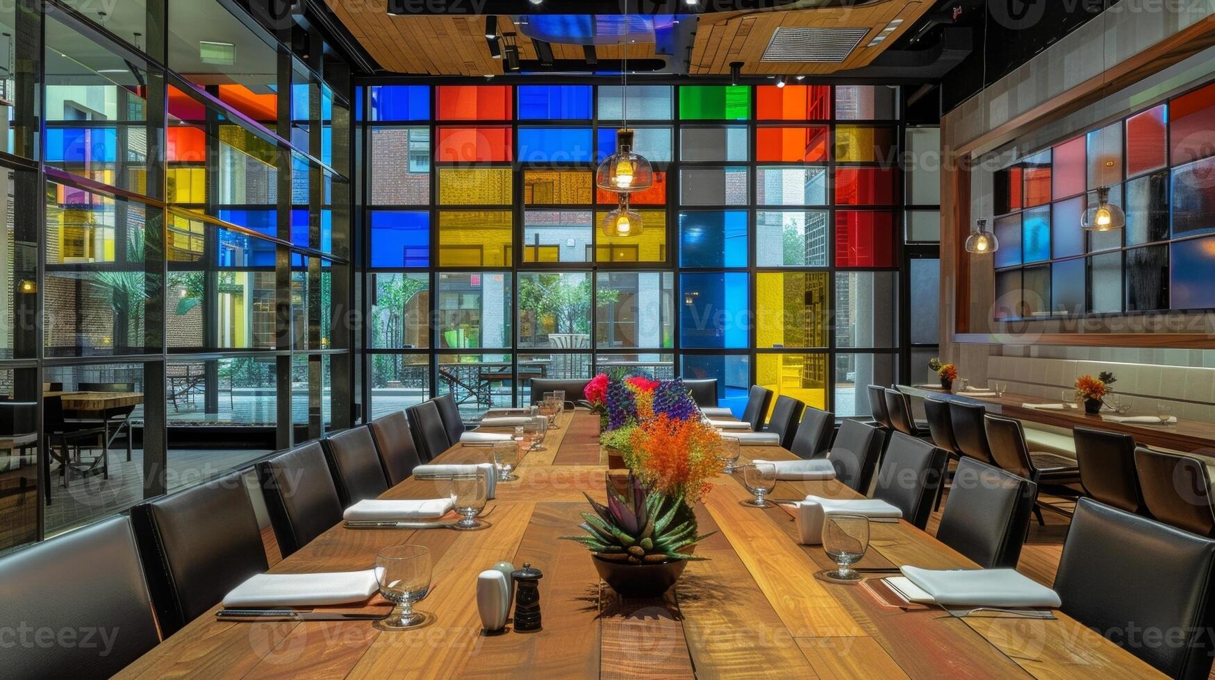 Moving on we have a multifunctional dining room that transforms into a private event space. The smart glass windows can be controlled to create different moods from a formal dinner photo