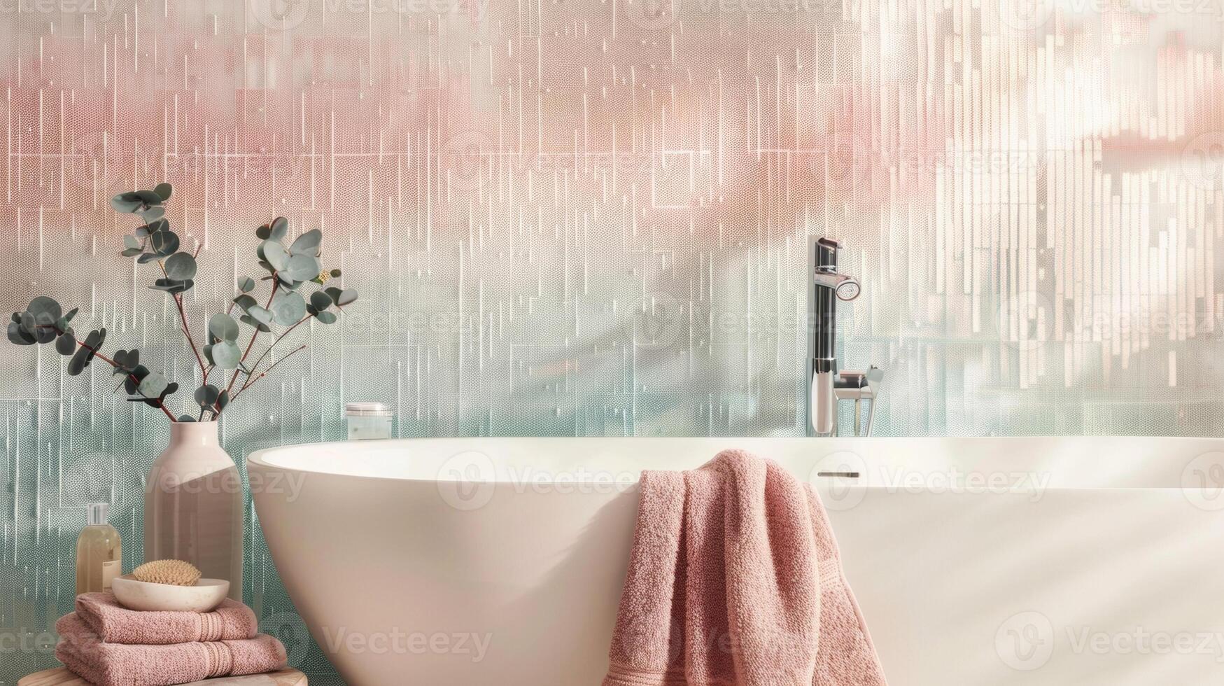 In the bathroom a beaded wallpaper in a subtle ombre effect adds a touch of elegance and luxury. The beads are arranged in a gradient of soft pastel colors creating a soothing and photo