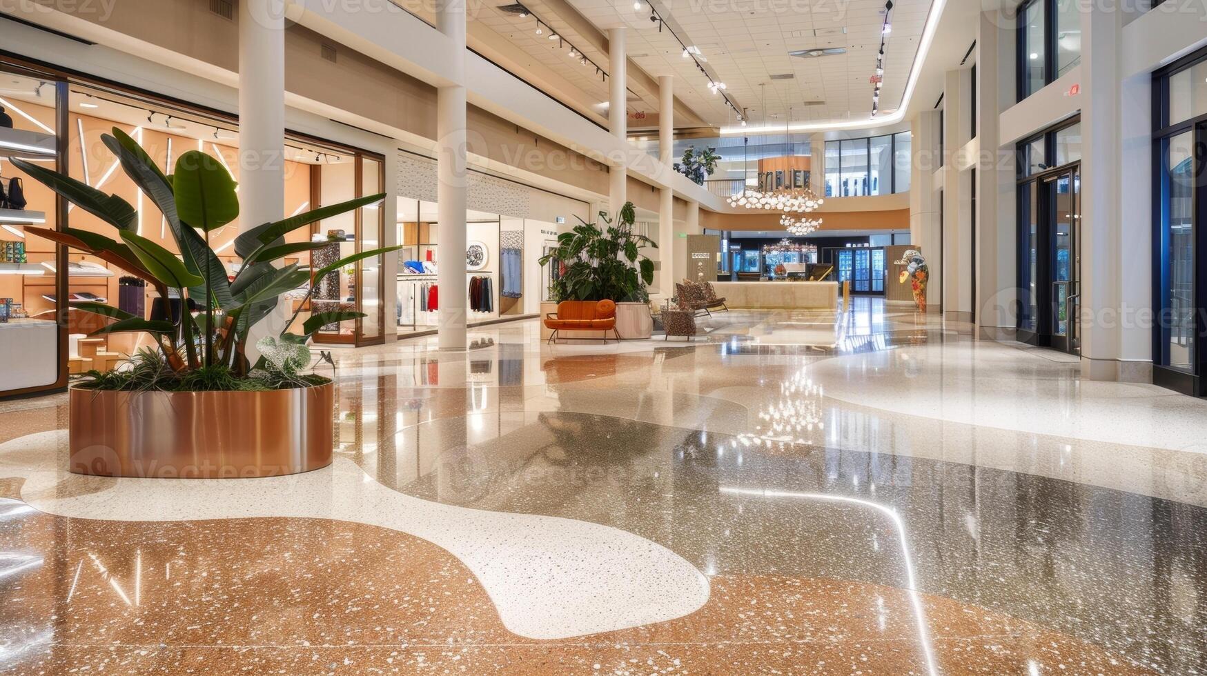 In a large retail space a terrazzo floor is used as a unifying design element seamlessly connecting different areas and creating a cohesive look. The neutral color palette and geometric photo