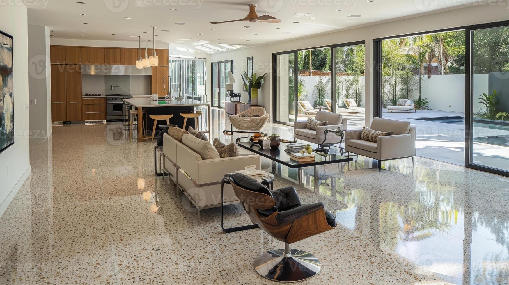 The spacious living room features a seamless blend of old and new design with a beautifully restored terrazzo floor in a classic neutral color palette. The traditional flooring is photo