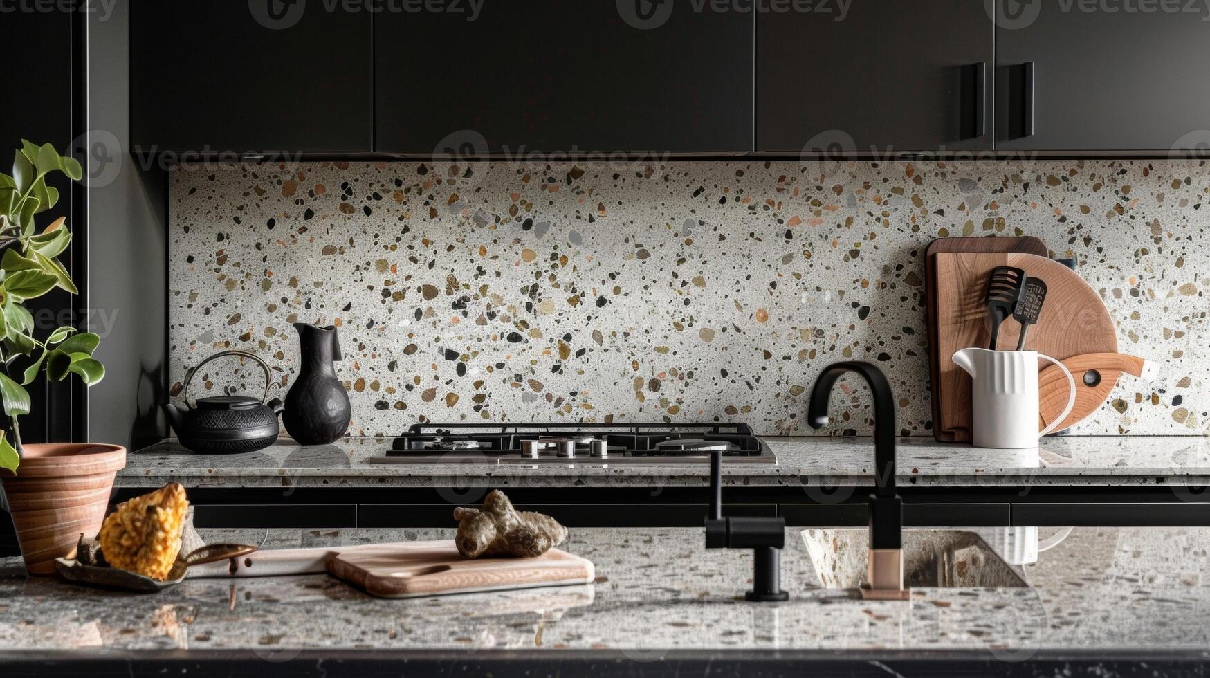 The kitchen boasts a stunning combination of old and new with a traditional terrazzo backsplash showcasing intricate marble patterns juxtaposed against sleek minimalist cabinets and photo