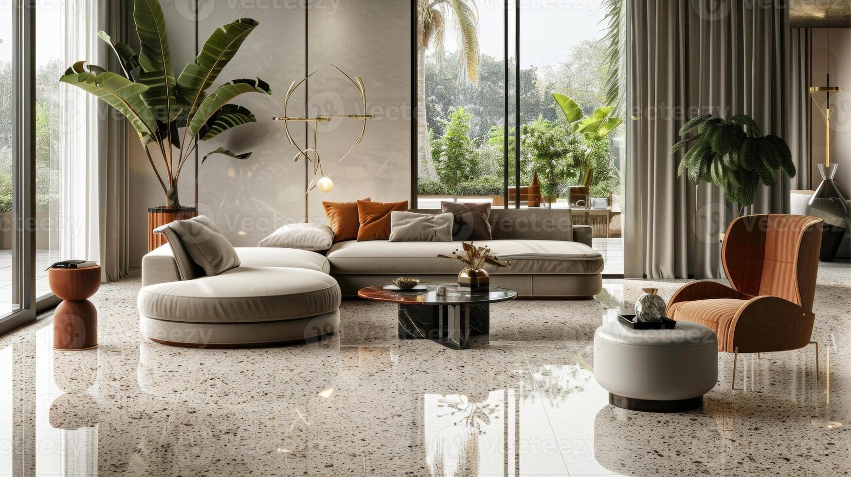The living room of Luxury Rewritten exudes timeless elegance with its gleaming Terrazzo flooring. The smooth marbled surface adds a luxurious touch catching the light and reflecting photo