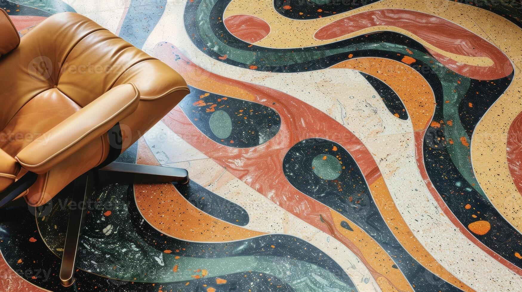 The canvas reveals a terrazzo floor with a stunning combination of cool and warm tones. The surface is adorned with bold swirls and swatches of colors resembling a vibrant abstract photo