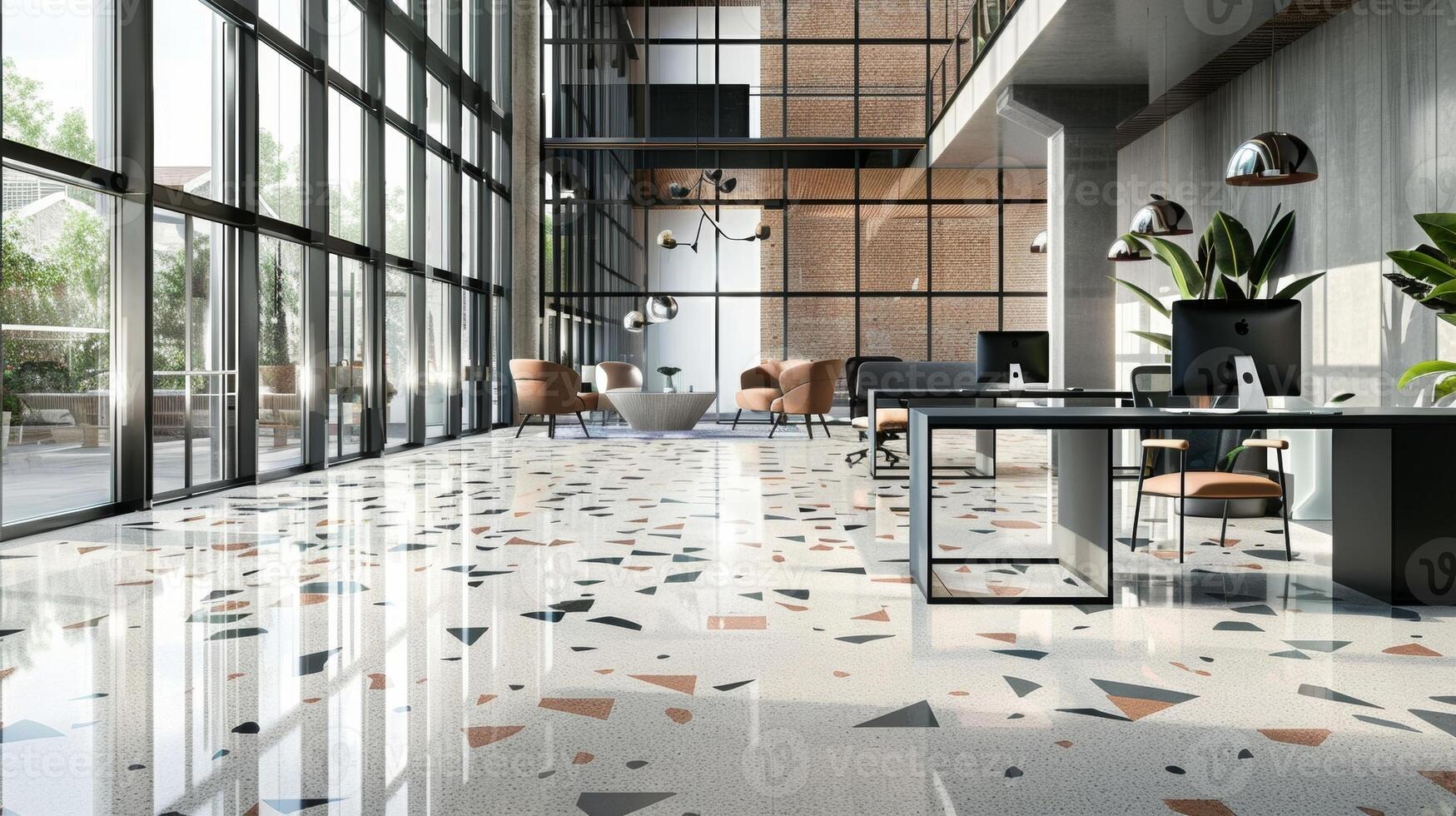 The office space at Luxury Rewritten is a true display of modern luxury with its high ceilings and grand Terrazzo flooring. The large geometric tiles are arranged in a mesmerizing photo