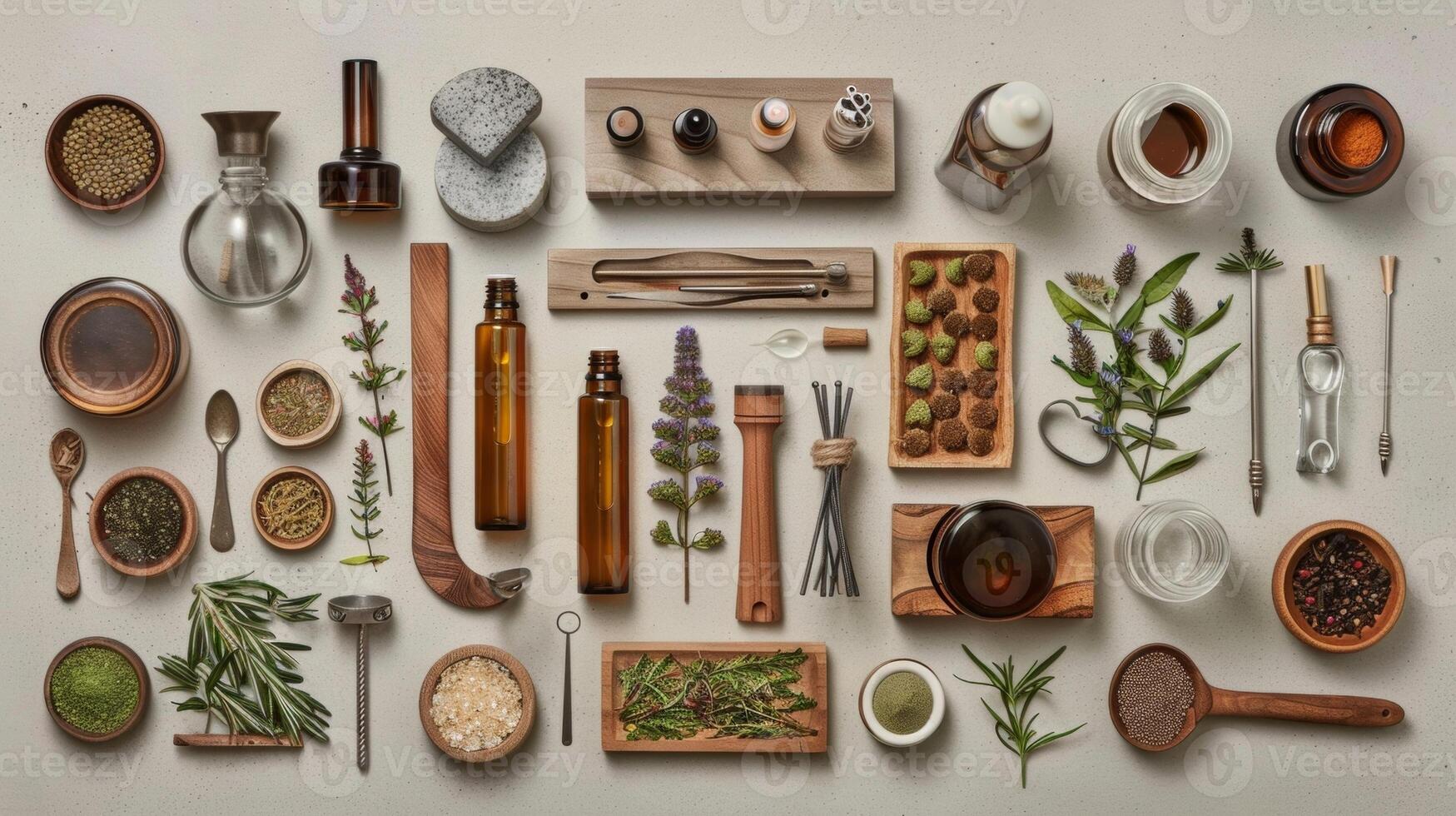 A creative portrait featuring a the surrounded by an unconventional collection of tools including essential oils tuning forks and cups highlighting their unique and diverse approach photo
