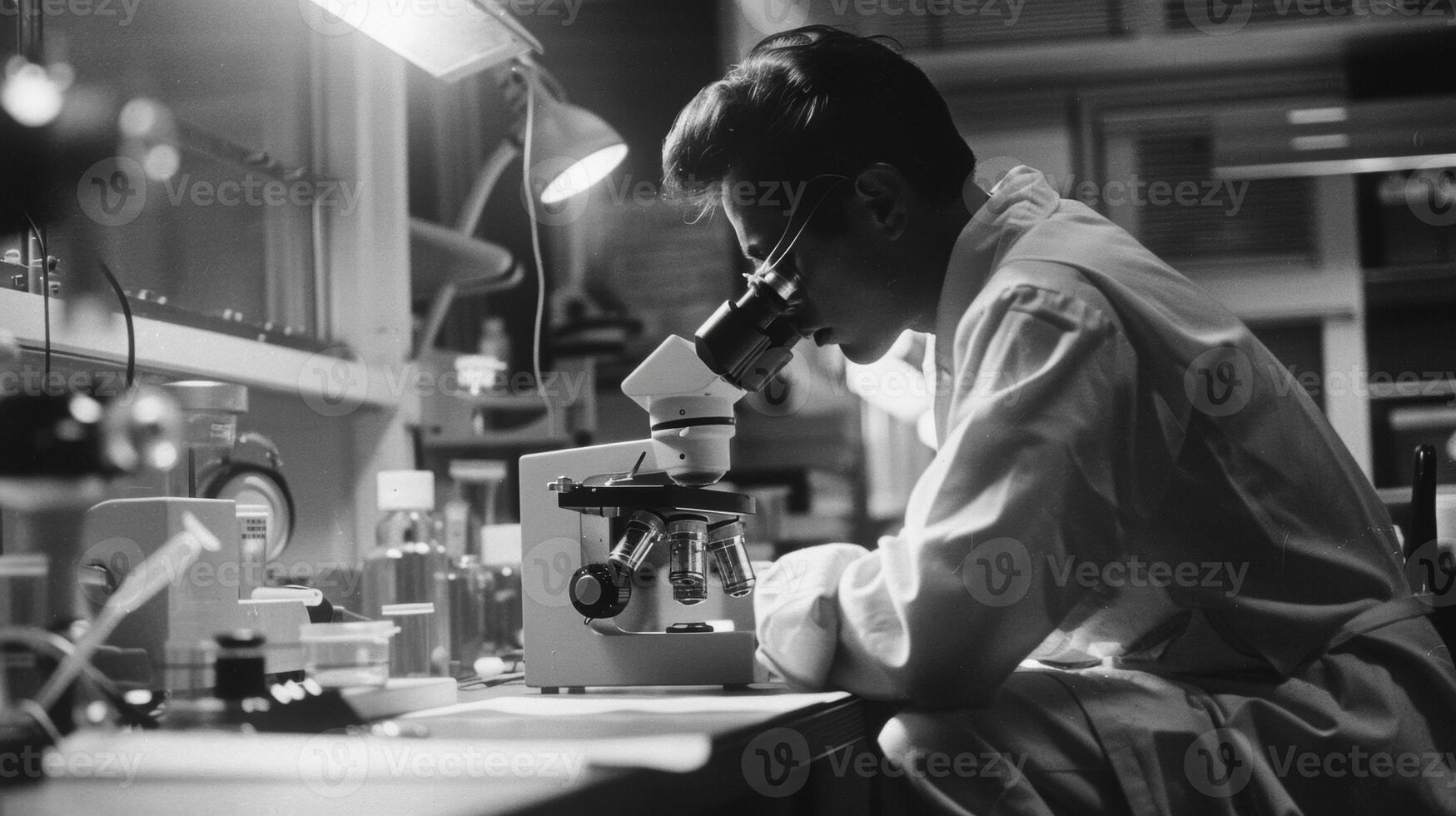 A scientist crouches down to inspect a microscope adjusting the lens ever so slightly to get a better view of the specimen below. The room is quiet except for the gentle hum of machines photo