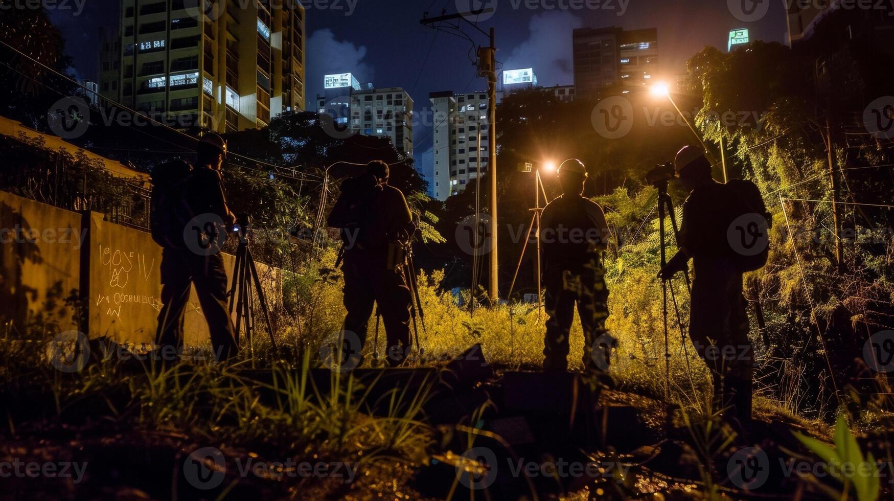 Despite the darkness and challenges of working during the night a team of resourceful surveyors use their headlamps and specialized tools to expertly navigate and survey a bustling photo