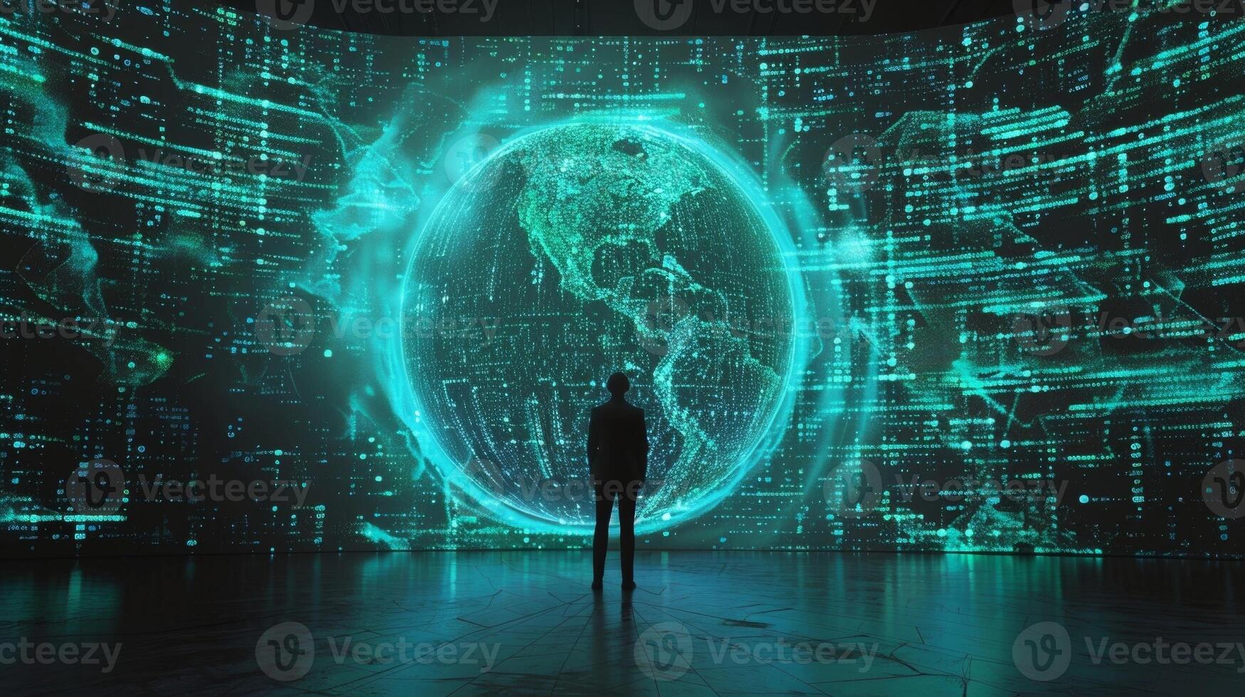 A lone figure stands before a massive screen their silhouette illuminated by the pulsing blue and green lights of binary code. As the code swirls around them it creates a stunning photo