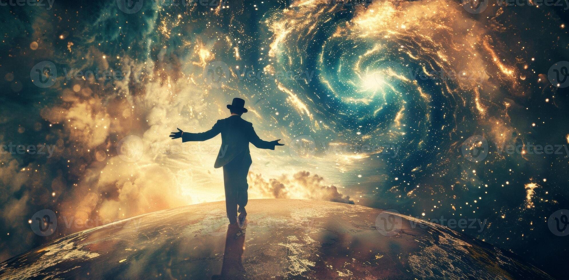 A man in a top hat and tails stands at the edge of a magical looking glass his hand reaching out as if beckoning the viewer to join him in a world of wonder and mystery. photo