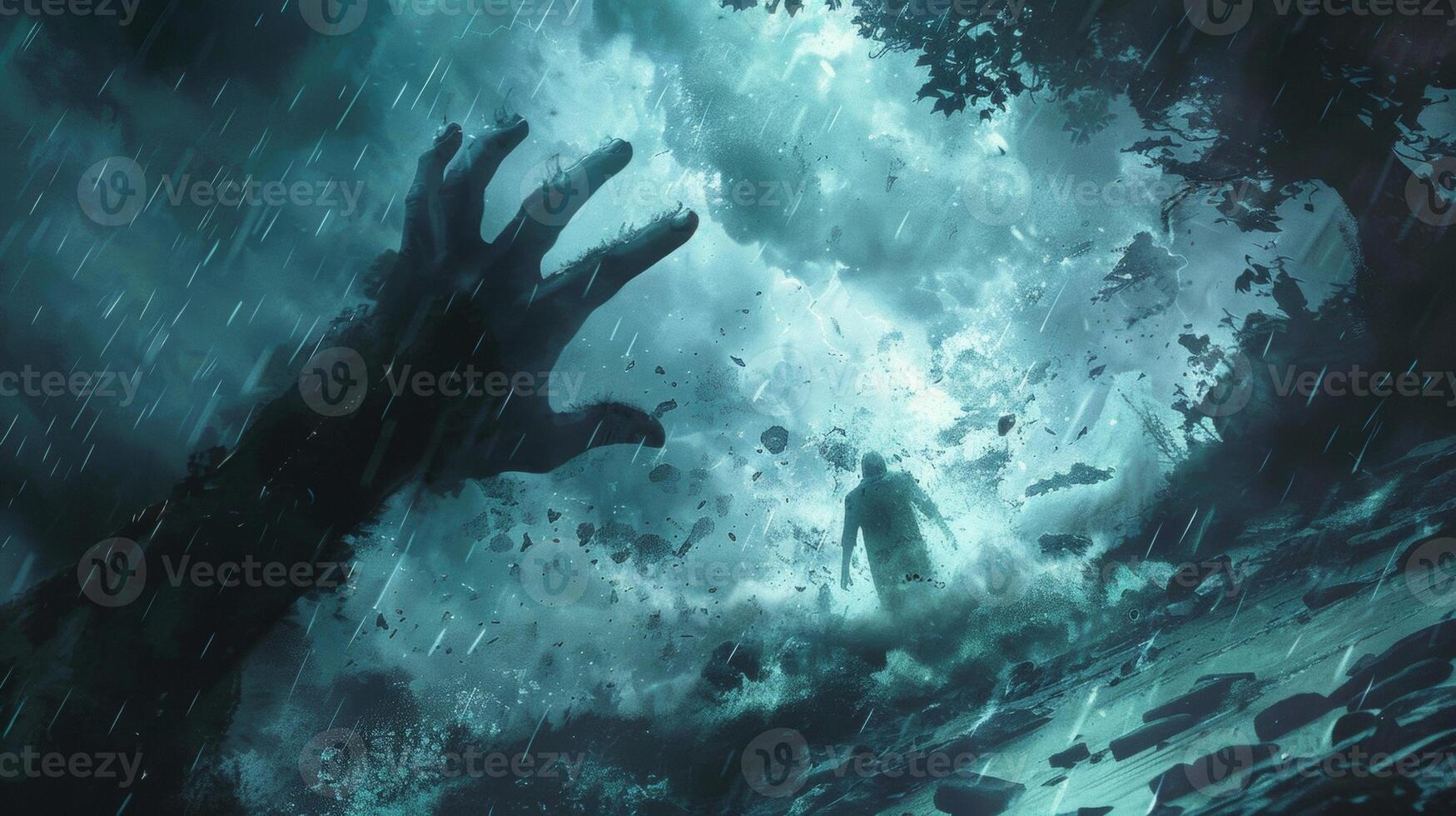 An illustration of a person walking through a dark stormy forest with a hand reaching out to guide them through the chaos. This image depicts the nurturing and supportive nature of photo
