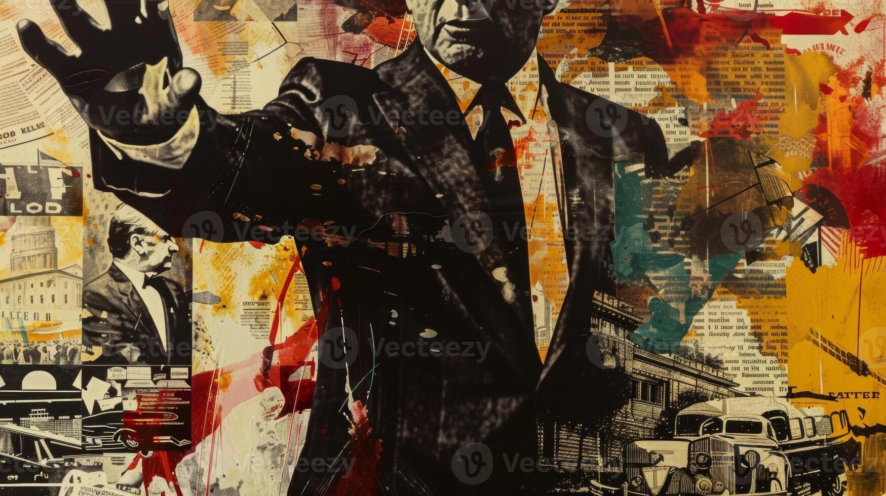 The portrait captures the politician in a moment of passionate speech their hands gesturing and their expression full of conviction. The background features a collage of important photo