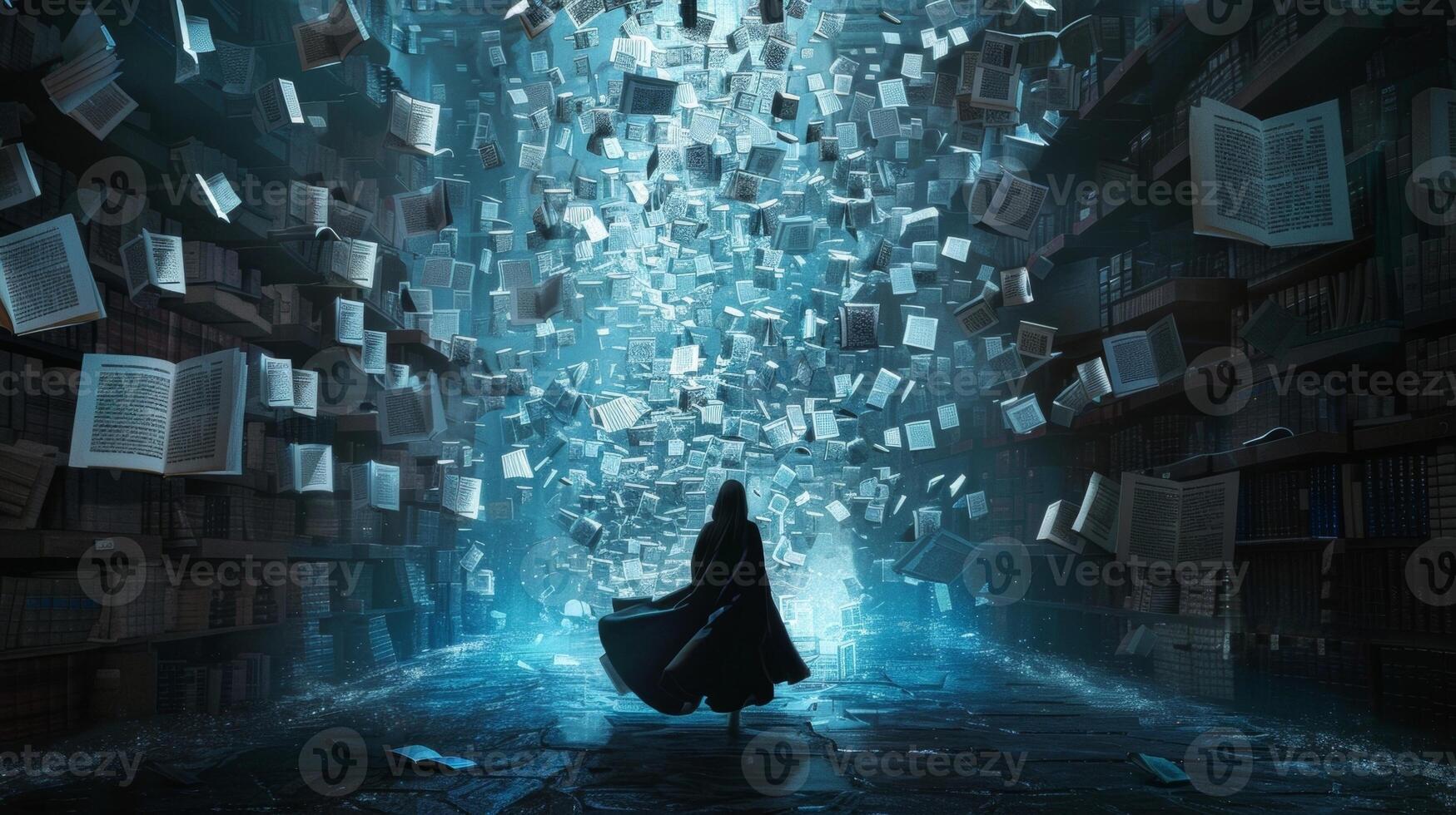 A mesmerizing scene unfolds as the word wizard weaves their linguistic magic surrounded by layers of floating words in various languages. With a flurry of movement the words begin photo