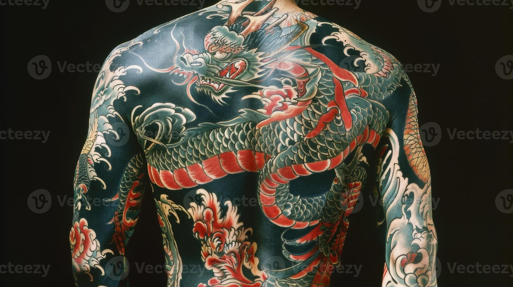 The canvas of their back is completely covered in a sprawling Japaneseinspired dragon tattoo. photo