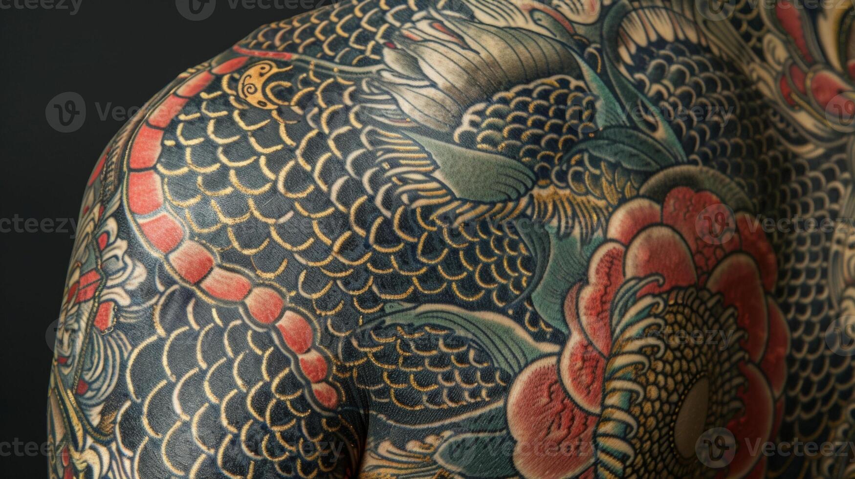 The intricate patterns and designs of a tattooed persons skin a canvas for selfexpression and individuality. photo