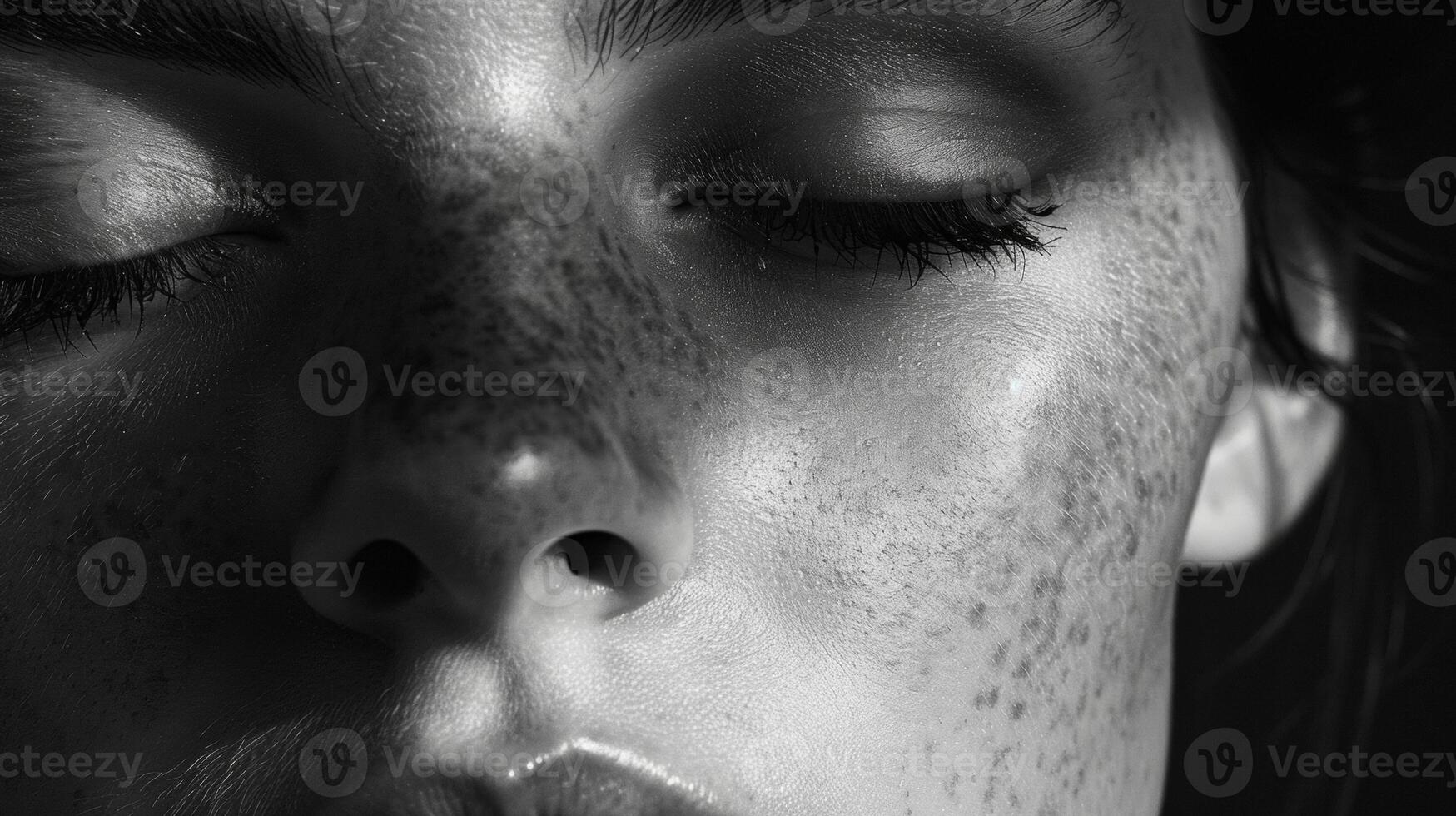 The shadows cast by the closed eyelids add depth and dimension to the face creating a somber yet beautiful image. photo