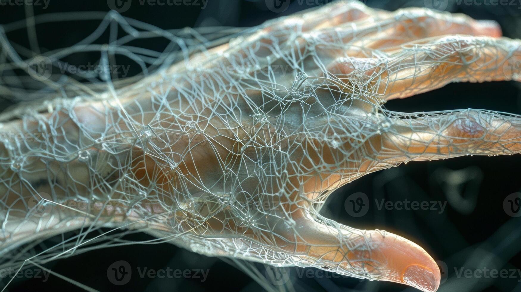 The intricate webbing of s and tendons visible along the back of a hand resembling a network of intersecting lines. photo