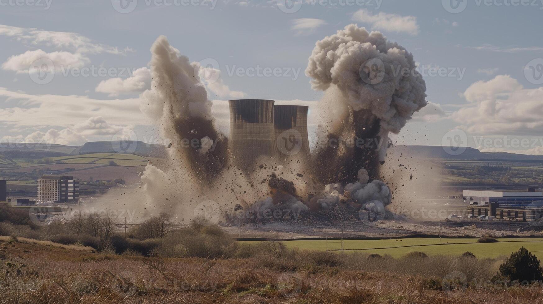 Explosions echo through the surrounding landscape as the outdated coal power plant is brought down in a controlled manner photo