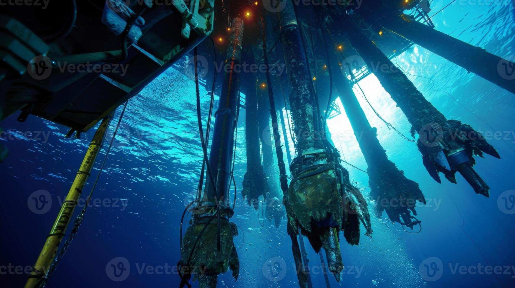 Massive drills protrude from the rig like giant metal claws trating deep into the ocean floor photo