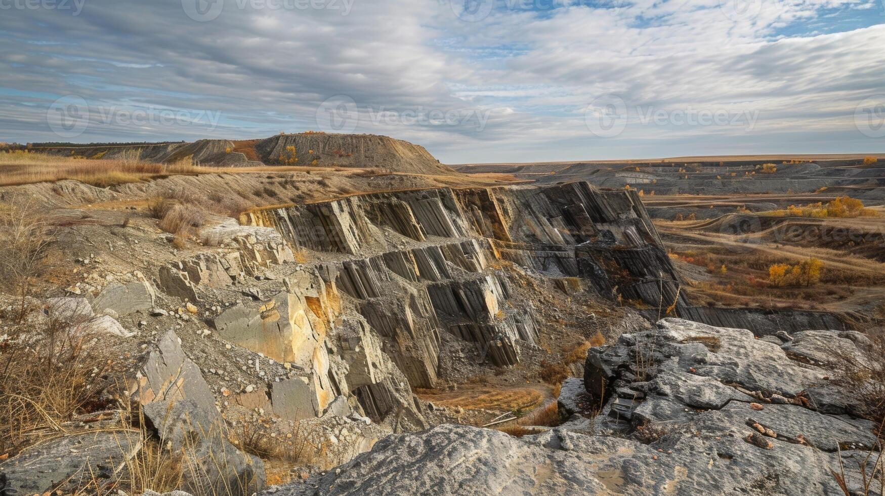 A rugged terrain with steep cliffs and deep craters has emerged from years of lignite mining operations photo