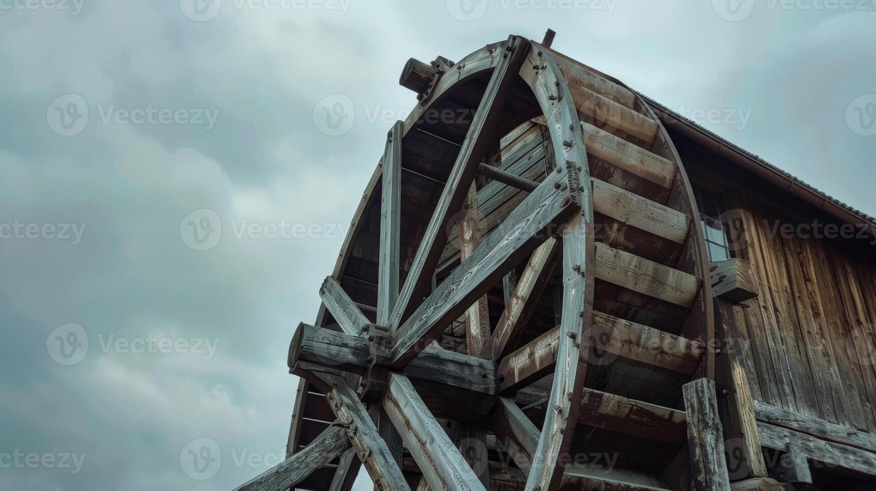 A wooden waterwheel standing tall against an overcast sky photo