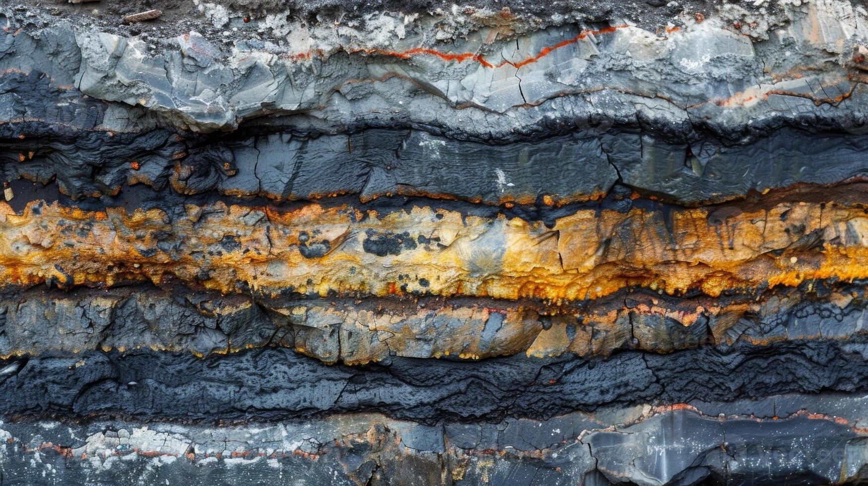 The shale gas layer is exposed with layers of varying shades of gray and black visible photo