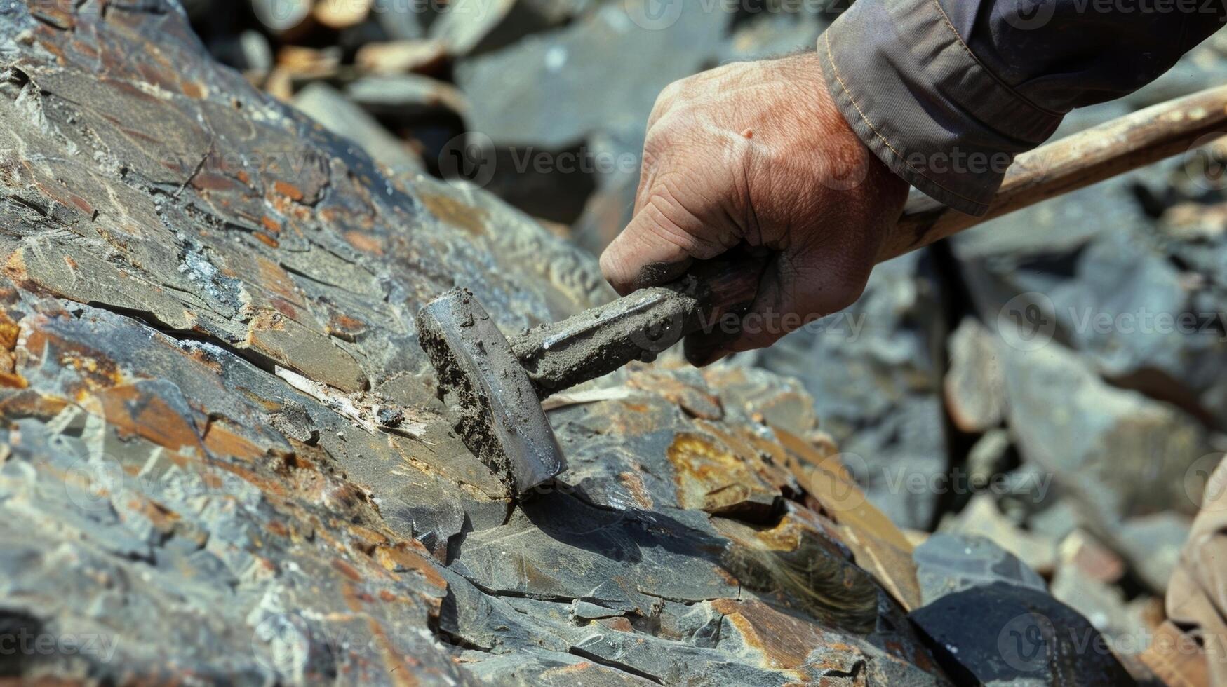 A worker using a pickaxe to extract uranium ore from a rock face photo