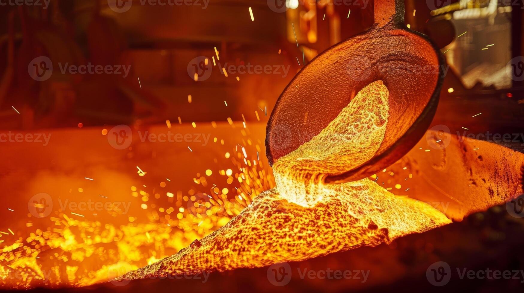 A large ladle filled with molten metal covered in a layer of glowing sparks being poured into a waiting furnace for further refining photo