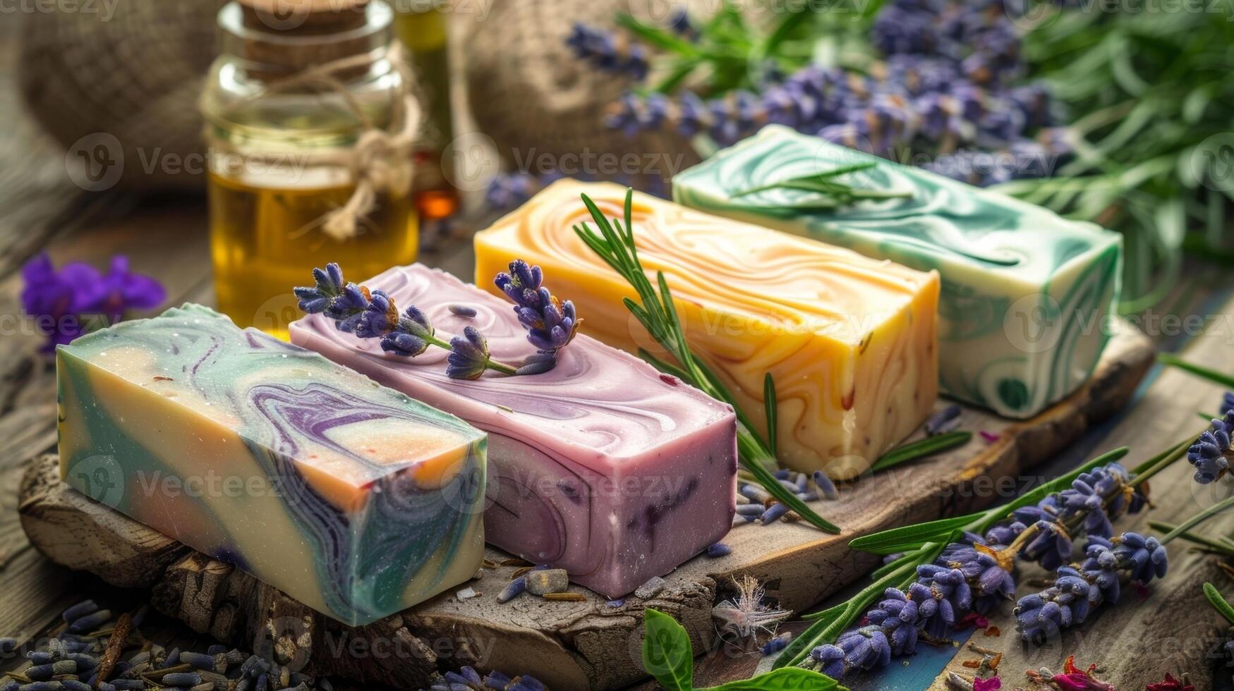 Homemade soap bars with colorful swirls and natural ingredients such as olive oil and lavender photo