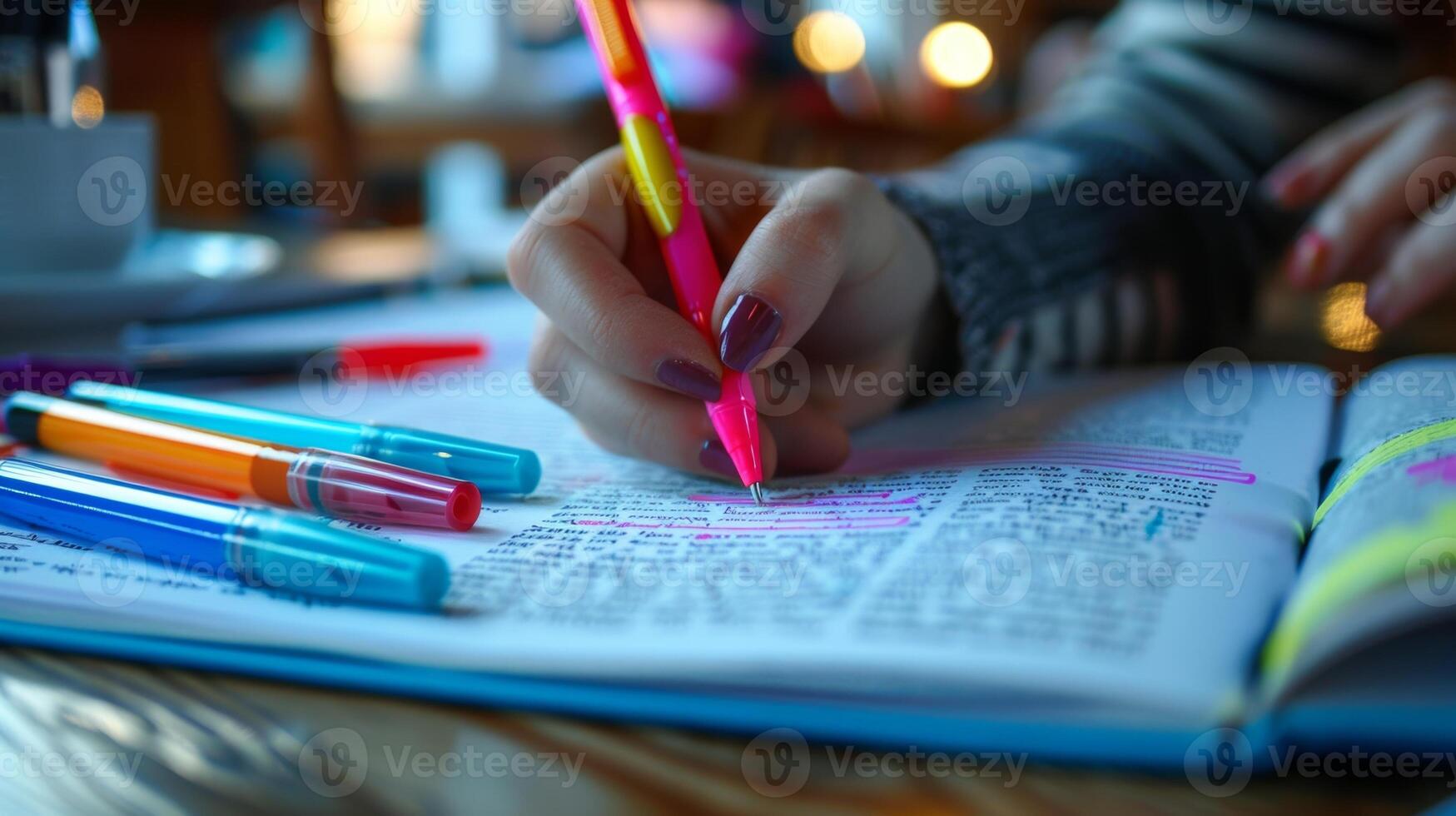 A person marking up a printed article with different colored pens showcasing their dedication to reading and yzing slowly photo