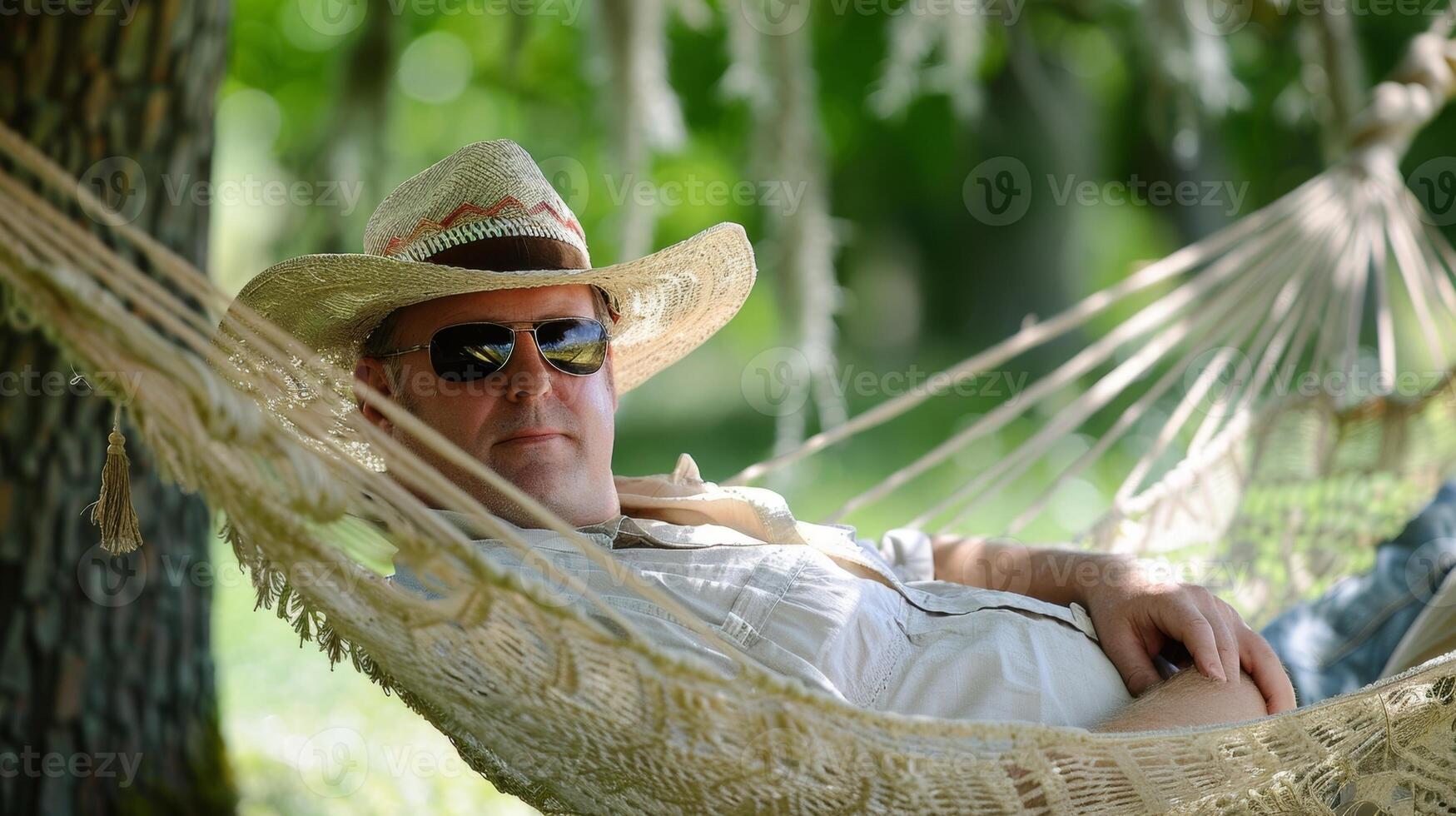 Wearing a straw hat and sunglasses a person lounges in a comfy hammock escaping from the bustle of daily life for a few moments of relaxation photo