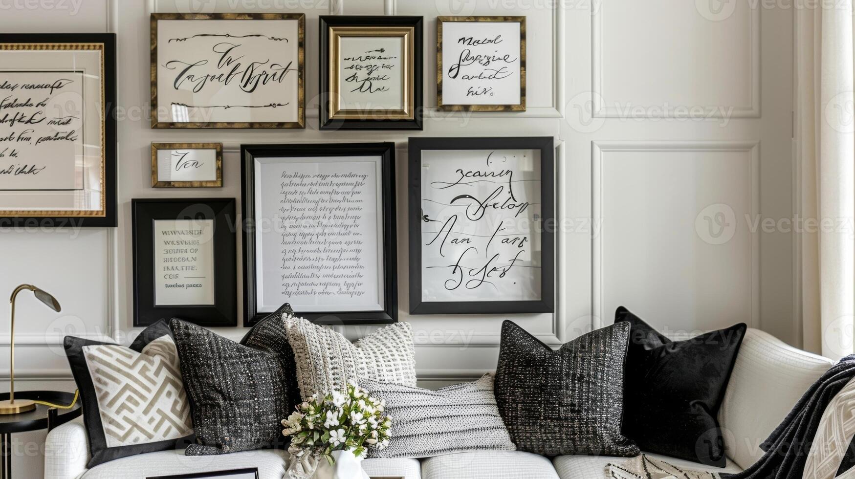A gallery wall filled with various size frames each containing a different empowering quote written in elegant calligraphy photo