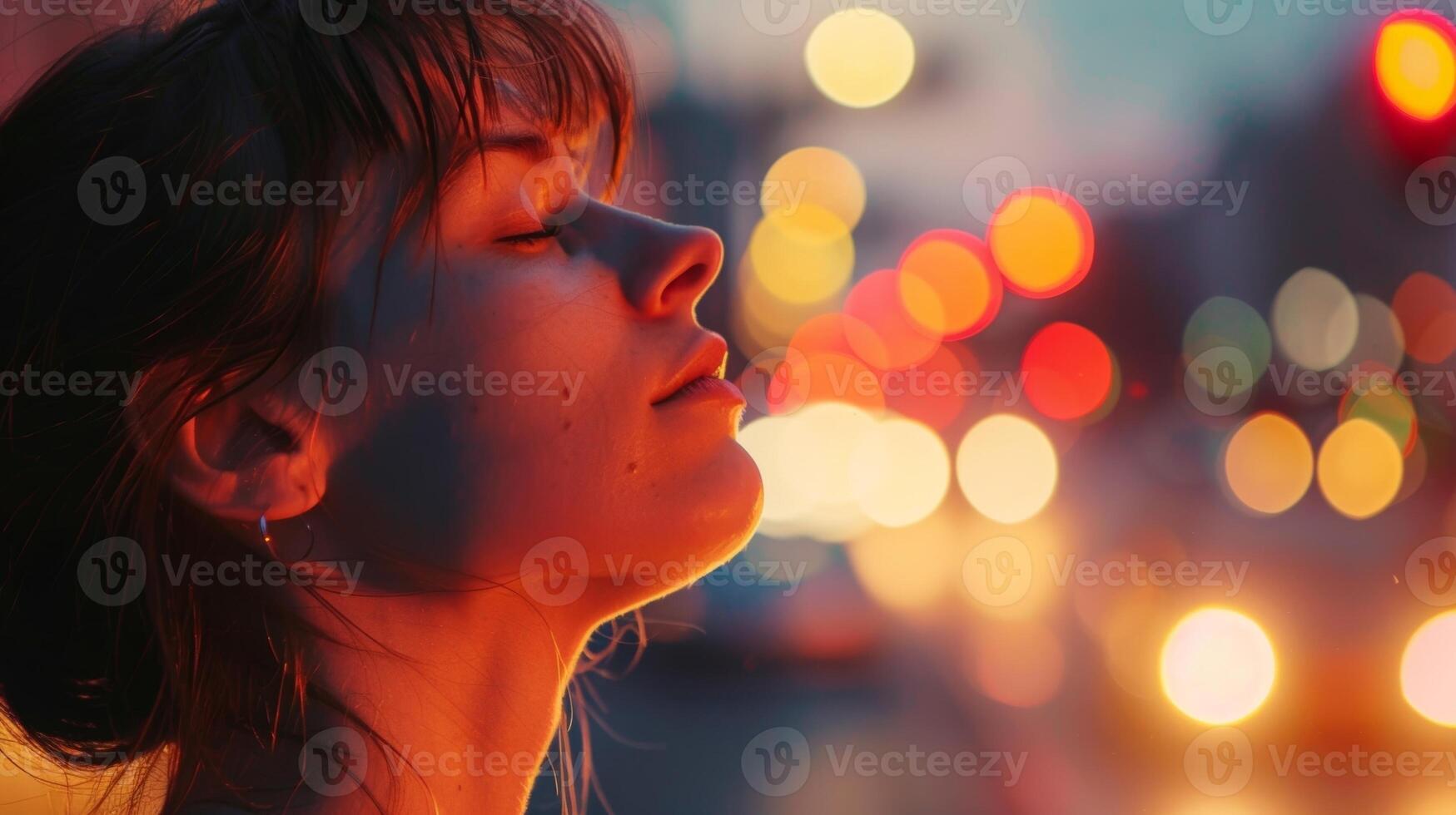 While waiting at a stoplight a person closes their eyes and takes a deep breath allowing their mind to slow down and simply enjoy the present moment photo
