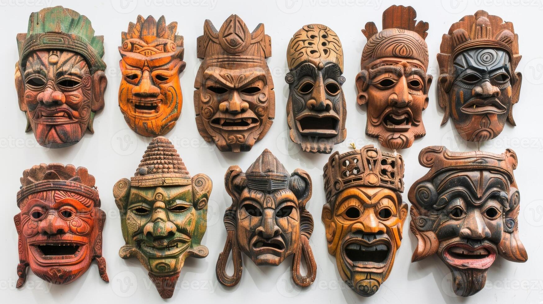 A set of handcarved wooden masks each representing a different deity or mythological figure from various cultures highlighting the similarities and differences in belief systems photo