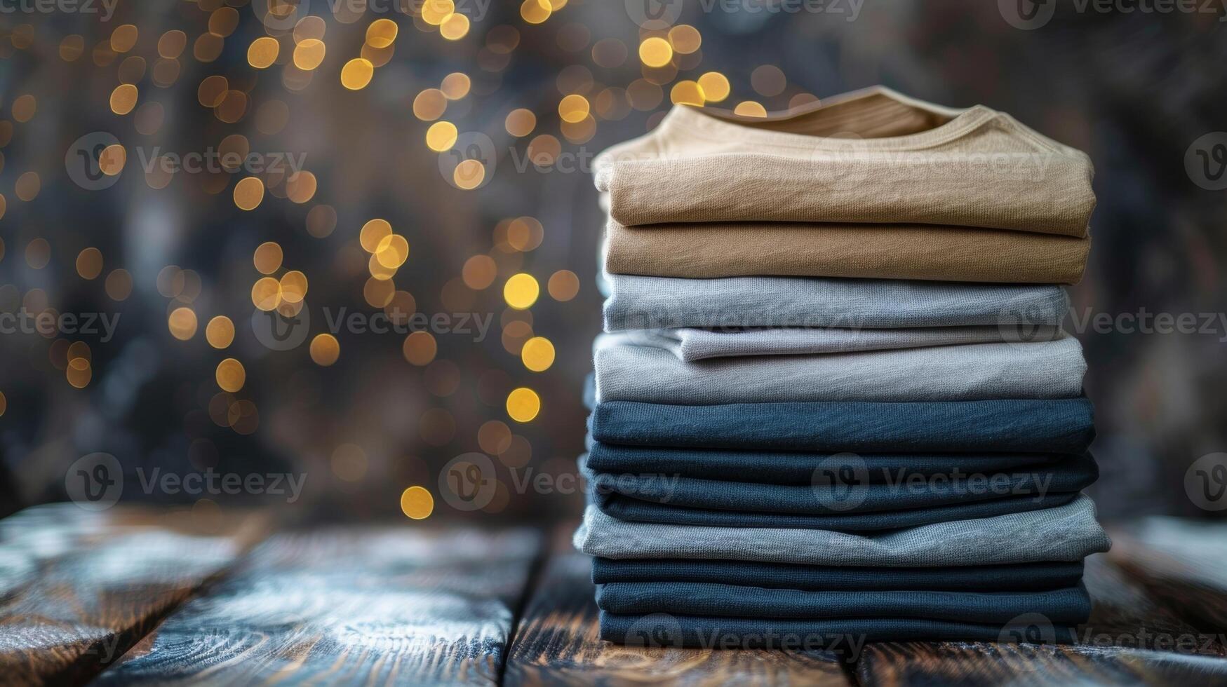 A stack of perfectly folded and minimalistic tshirts in various earthy shades photo