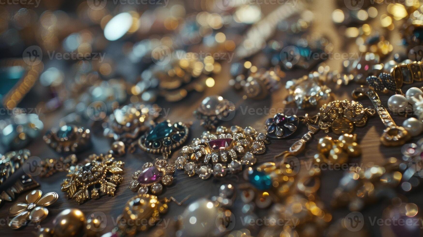 A table full of antique brooches and pins waiting to add a touch of elegance to any outfit photo