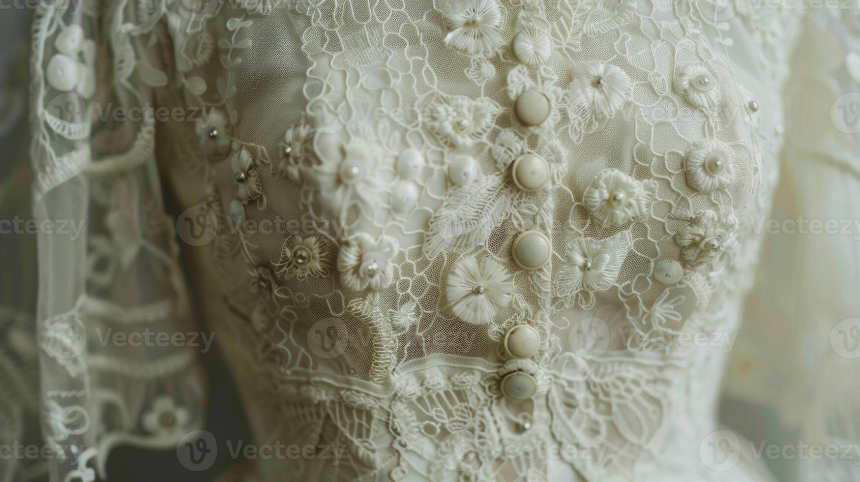 A vintage wedding dress on display adorned with intricate beading and lace detailing photo