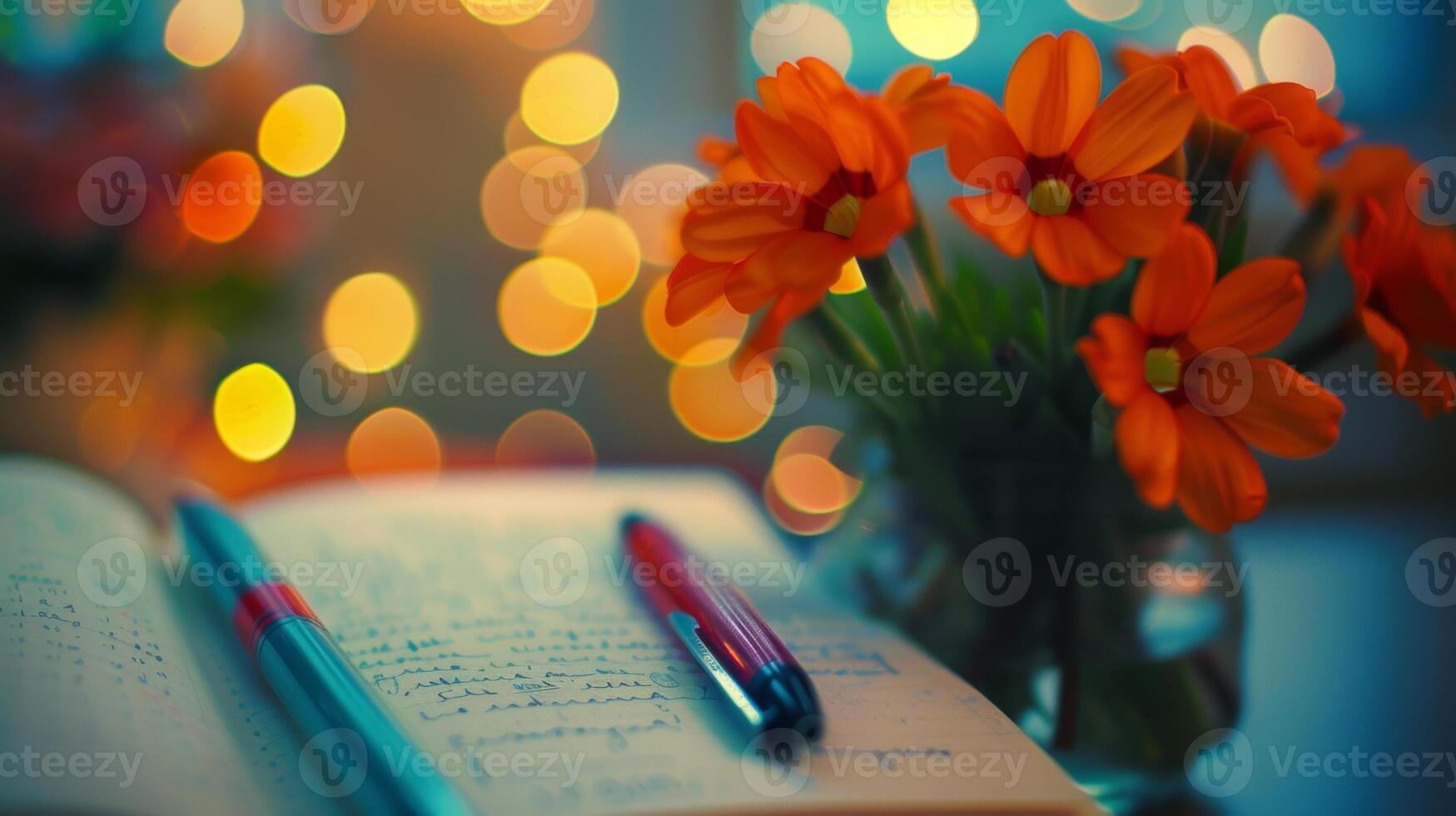 A journal with a pen and a bouquet of colorful pens ready for introspective writing photo