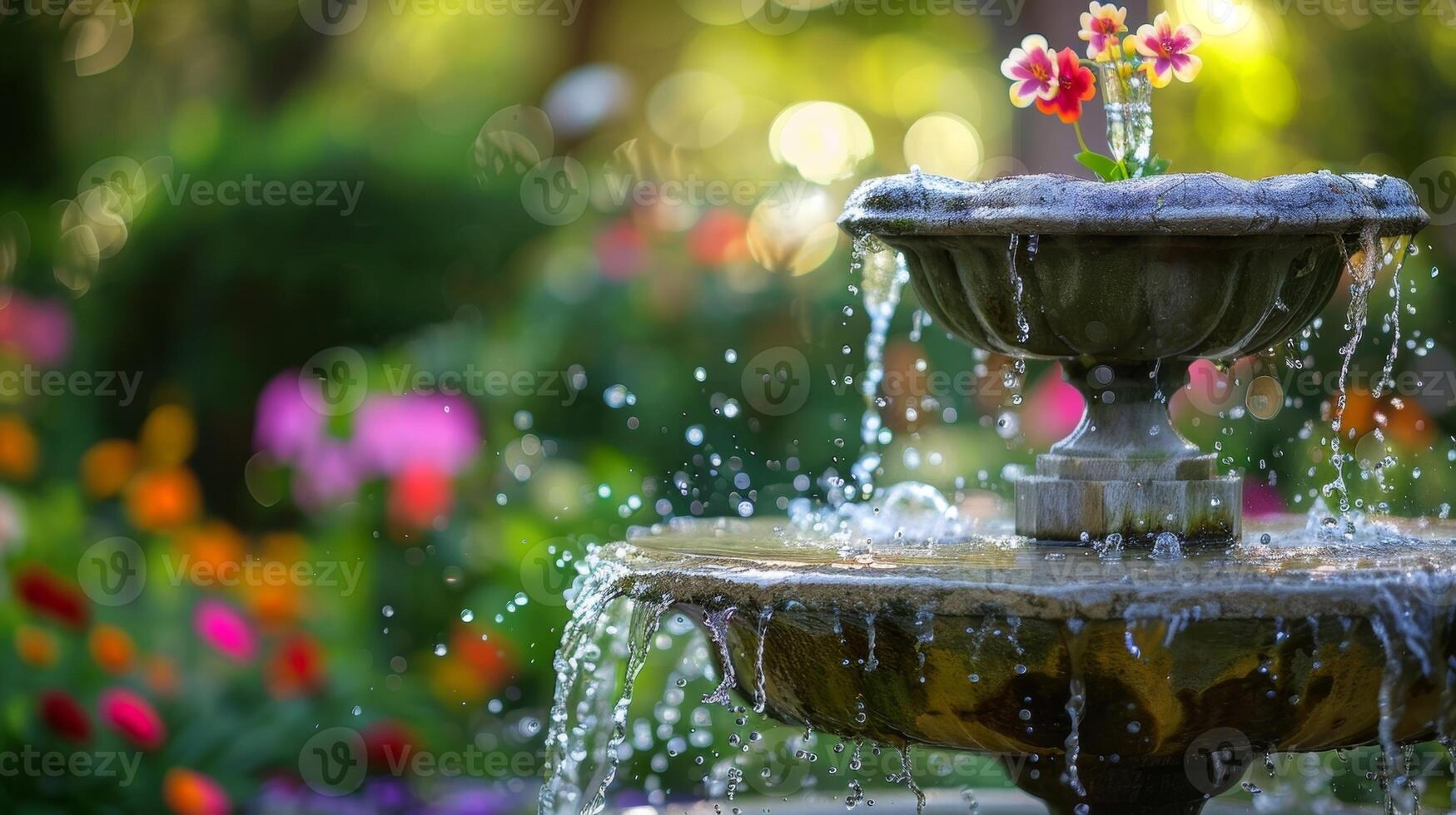 A serene garden oasis complete with a bubbling fountain and fragrant flowers providing a peaceful escape from daily stressors photo