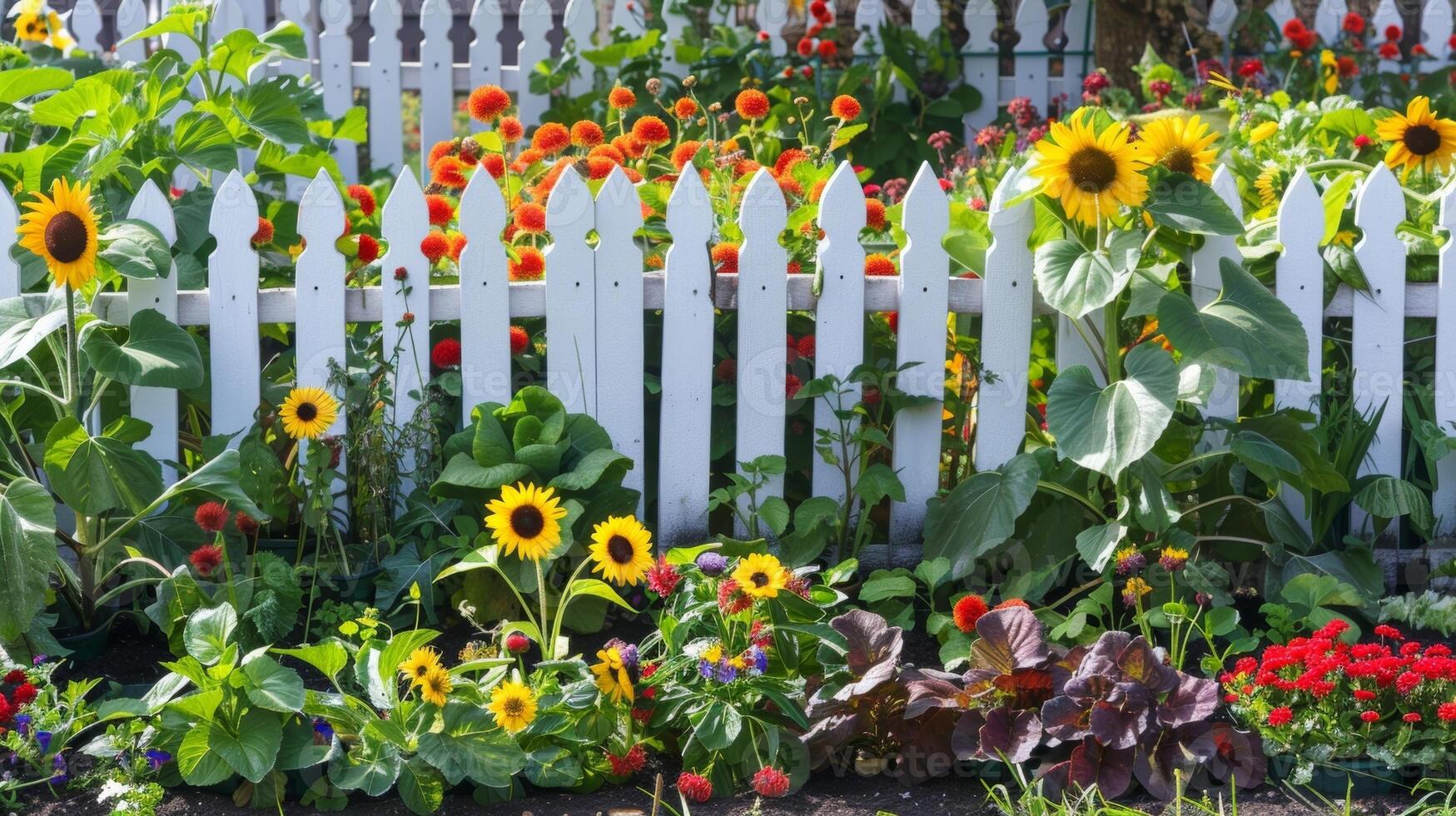 A small vegetable garden bursting with colorful produce surrounded by a white picket fence and towering sunflowers photo